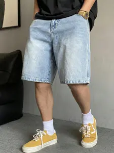 Men's Denim Shorts Five-Piece Summer Pants, Non-Elastic Straight Leg Jeans, Cotton Ripped Streetwear, Breathable Daily Commute, Tropical, Vintage Wash Jeans