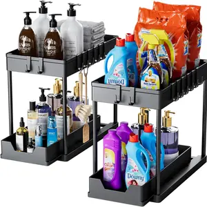 Under Sink Organizers and Storage 2 Pack - 2 Tier Sliding Bathroom Cabinet Organizer with Hooks, Multi-Purpose Under The Sink Organizer Kitchen- Black Racks