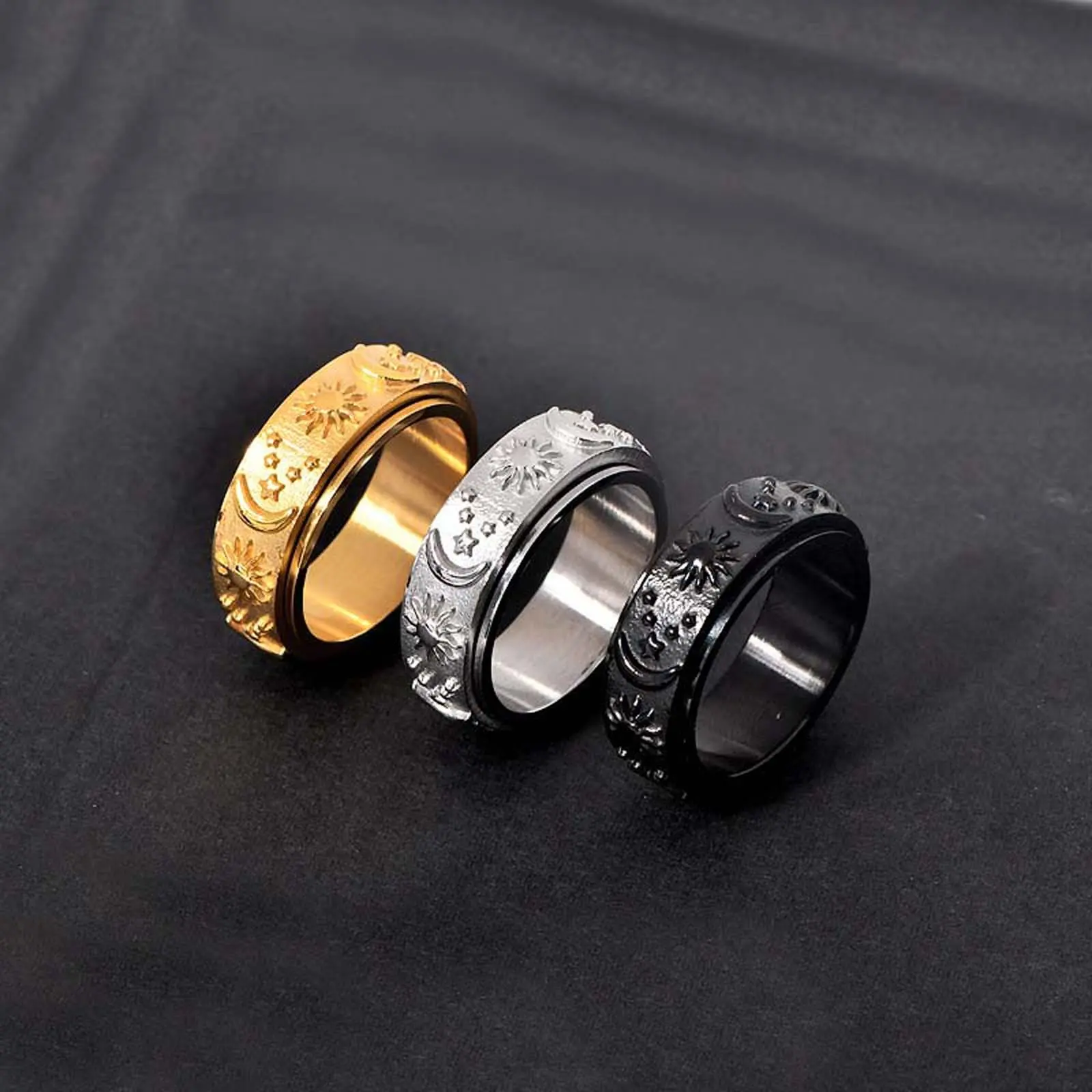 Bohemian style rotatable sun and moon engraved ring couple jewelry
