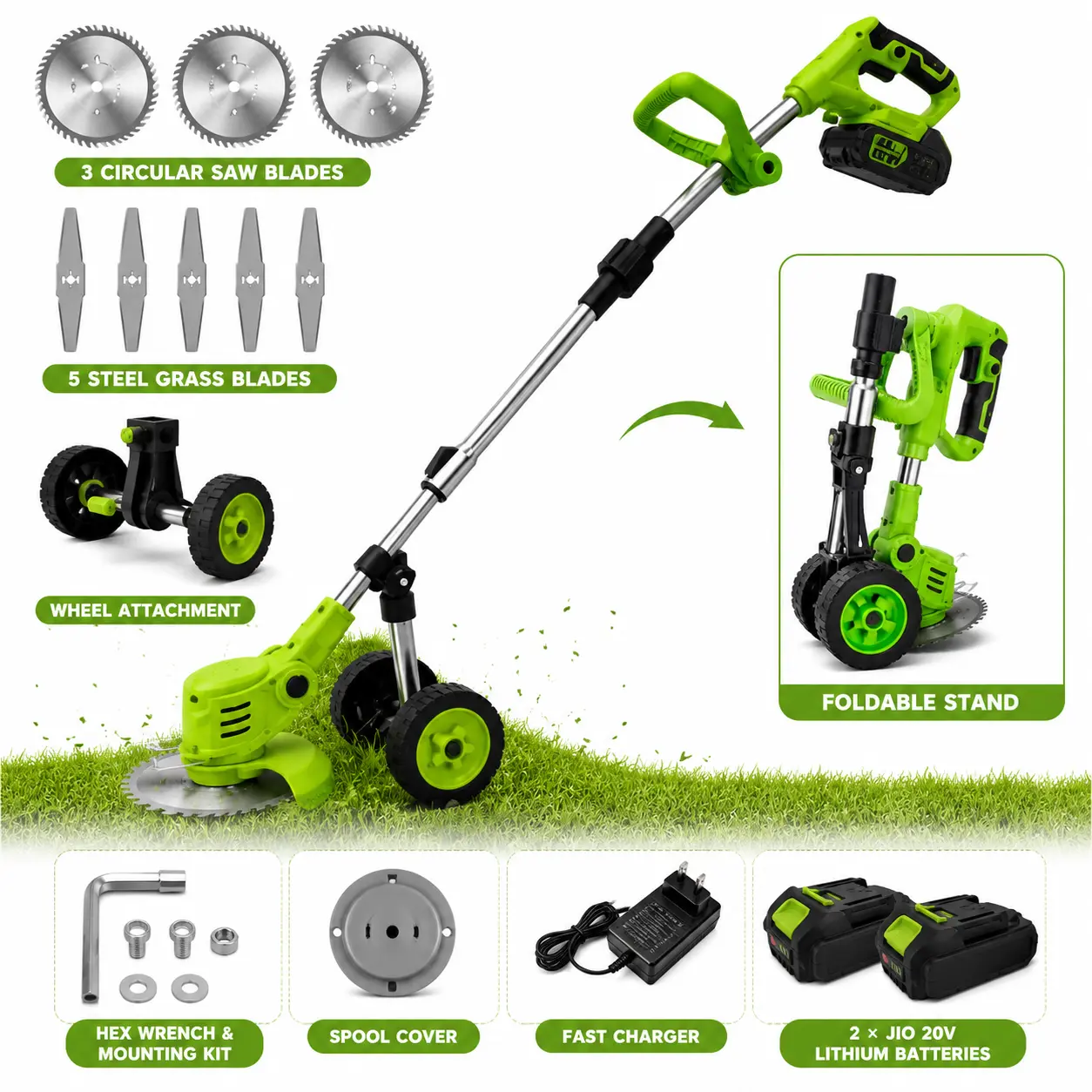 21V Cordless Weed Wacker, 3-in-1 Electric Grass Trimmer & Brush Cutter with 2 Batteries, Wheels & Adjustable Pole