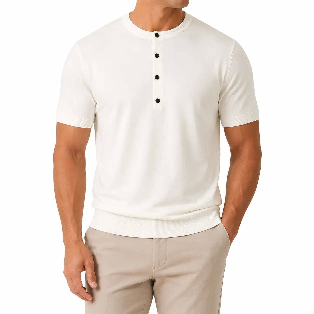#SummerVibes 2026 Solid Color Elegant Henley Knit Polo Shirt for Men and Women, Short Sleeve, Button Front, Simple Casual Design, Top, Menswear