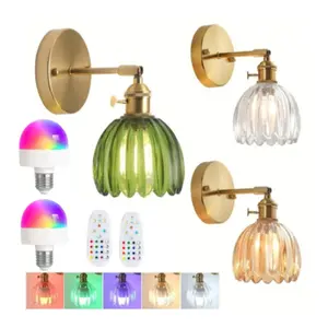 Rechargeable RGB Remote Control Nordic Wall-Mounted Lamp, 1-Pack/2-Pack with Amber, Green and Clear Tulip Glass Shades, Lightweight Battery-Powered Wall Light for Bedrooms, Living Rooms and Staircases, Rechargeable Wall Sconces