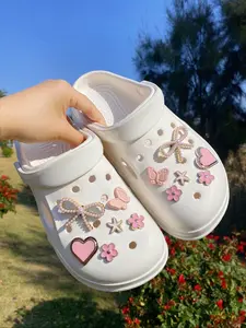 12pcs Pearl Bow Bling Shoe Charms, Butterfly Flower Heart Starfish Abs Resin DIY Decorations, Women's Sandals Slippers Beach Bags Accessories