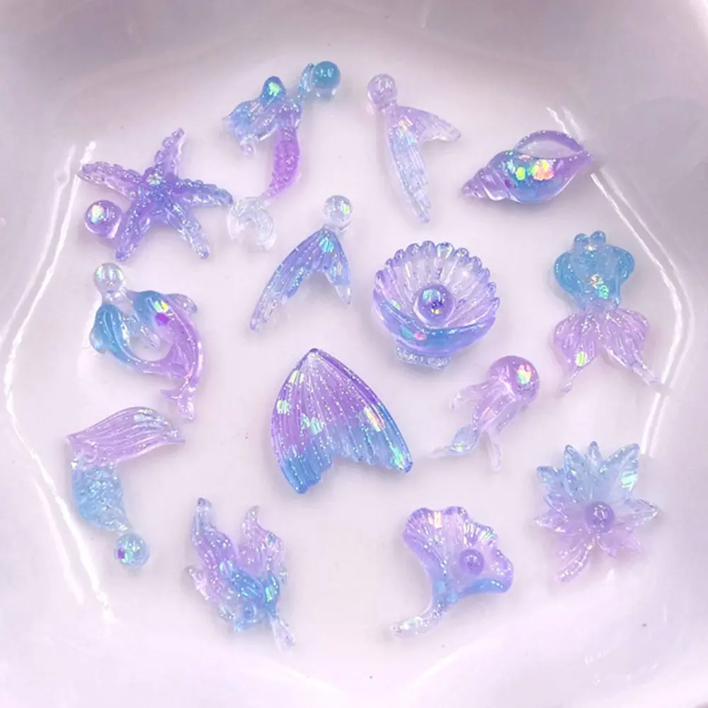 30Pcs Mixed Resin Colorful Glitter Mini Mermaid Sea Star Shell Conch Seaweed Fish Tail Jellyfish Art Flower Design Rhinestone Flat back Rhinestone Decor Scrapbook Accessories DIY Crafts Flatback Rhinestones