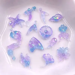 30Pcs Mixed Resin Colorful Glitter Mini Mermaid Sea Star Shell Conch Seaweed Fish Tail Jellyfish Art Flat back Rhinestone Decor Scrapbook Accessories DIY Crafts