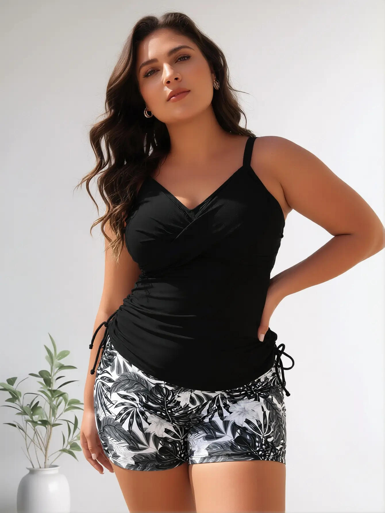 2026 Plus Size Solid Black Tankini Set, V Neck Wrap Ruched Side Tie Tank Top with Tropical Print High Waist Boyshort Bottoms, Modest Curvy Swimwear for Beach Vacation