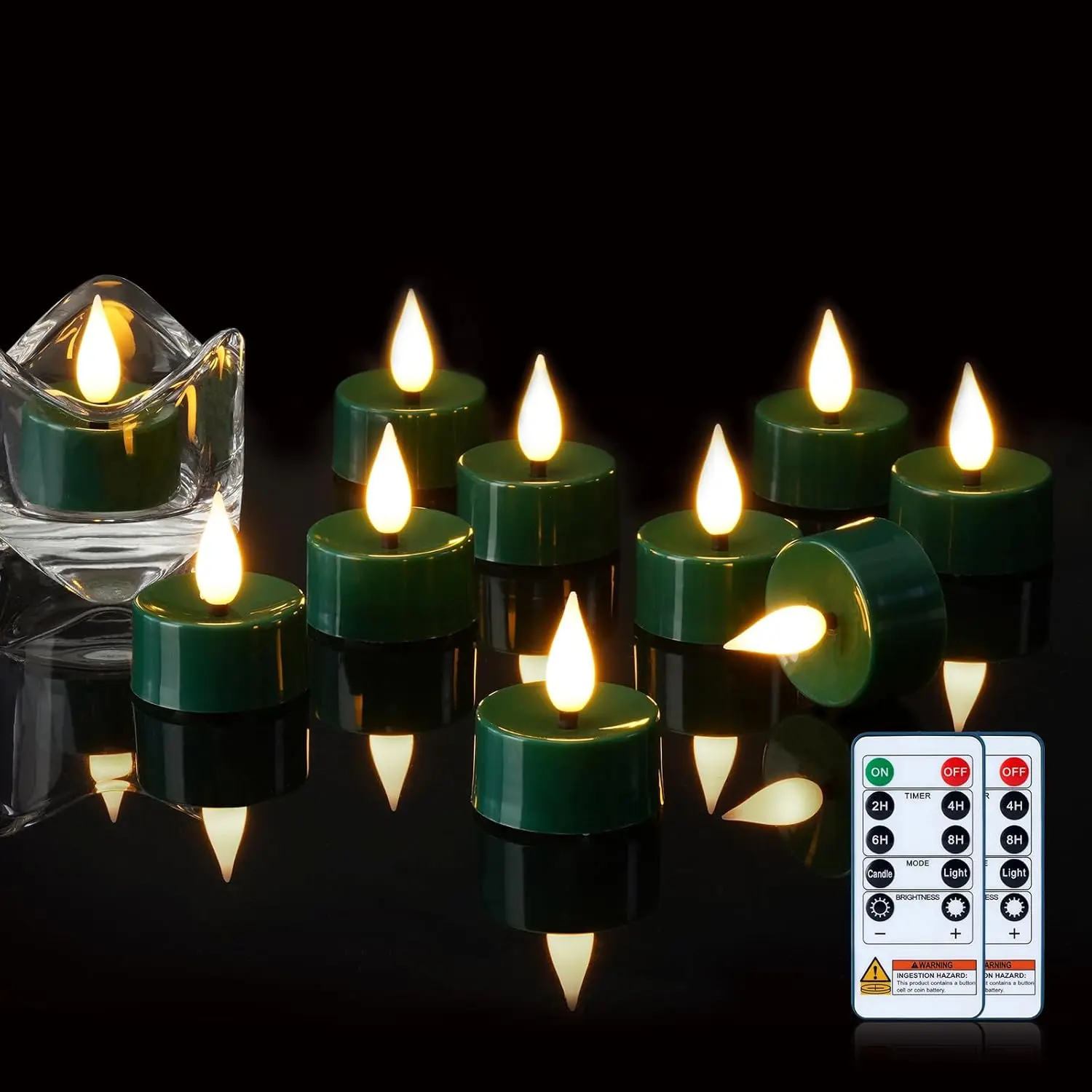 24-Pack Flameless Green Timer Remote Control Tealight Candles - 3D Black Wick Compact Cordless Child-Friendly Decorative Votives, Multi-Mode Battery-Operated (300+Hour Batteries) Indoor Lights, Shelf Decor, AC Power Supply Compatible Option, Candle Lights