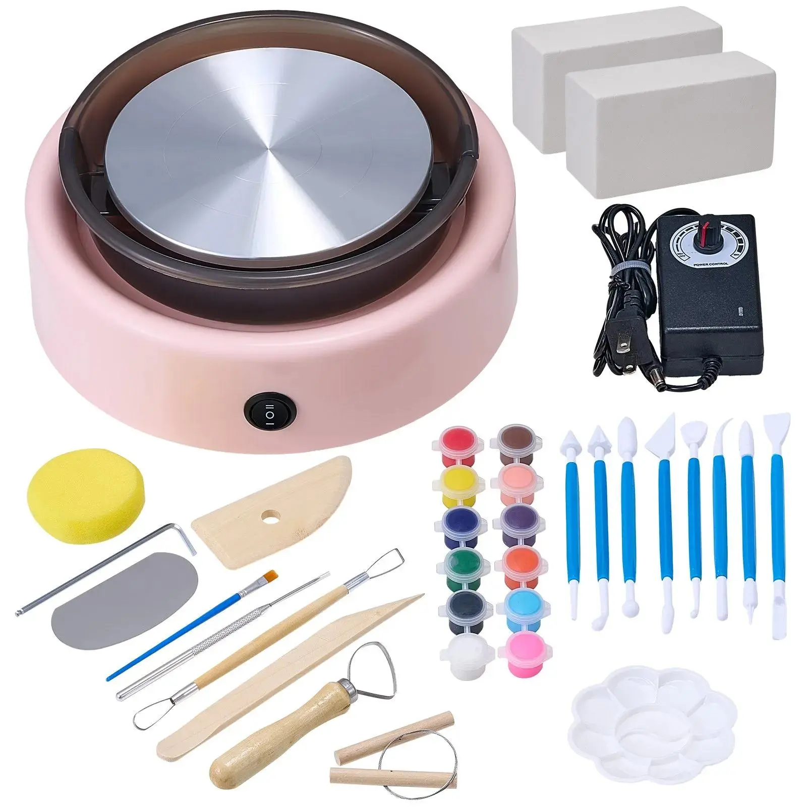 【BackToSchool】VEVOR Kids Safe Pink Mini Pottery Wheel, 6-in Electric Turntable with Forward-Reverse Rotation, Adjustable Speed & Clay Tools, for Home DIY Handcrafting