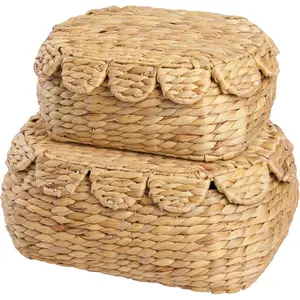 Set of 2 Hand Round Wicker Storage Baskets with Lid, Rattan Basket Decorative Boxes, Woven Storage Box Hyacinth Basket with Lids, Scalloped Edge Wicker Basket with Lid