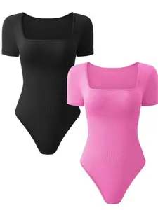 Women's Solid Square Neck Bodysuits,Casual Curvy Short Sleeve Bodysuit for Daily Wear, Tummy Tuck Garment,Ladies Clothes for All Seasons, Shapewear Bodysuit,Waist Trainer Women, Womenswear