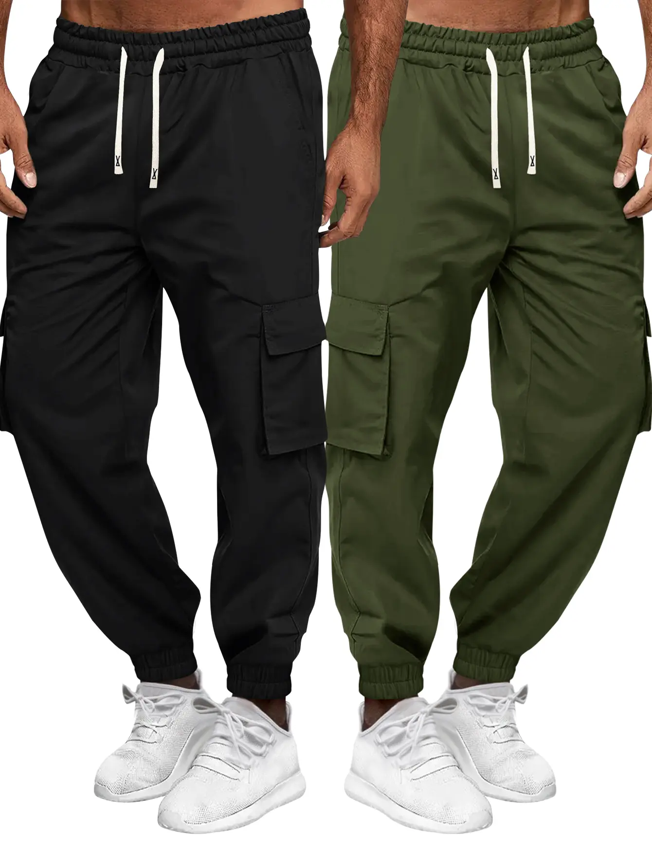 Men's 2-Pack Workwear Jogger Pants - Plain, All-Season, Multi-Pocket, Solid Color, Lightweight Stretch Waist, Drawstring Closure, Fitted Cut, Athletic Look, Comfortable Casual, Polyester Knit