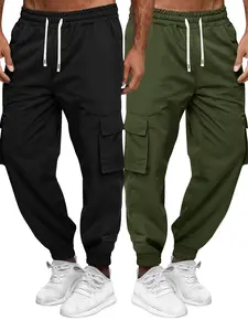 Men's Workwear Jogger Pants, 2 Pack, Autumn & Winter, Multi-Pocket, Solid Color, Lightweight Stretch Waist, Drawstring Closure, Comfortable & Fashionable Casual Running Sweatpants