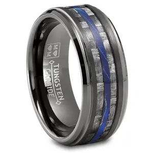 Mens Carbon Fiber Tungsten Carbide Ring Blue Wood Wedding Band Gunmetal 8MM