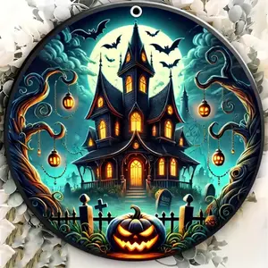 Classic Halloween Haunted House Iron Sign, Rainproof Round Metal Gate Decor & Wreath Decoration, Spooky, Perfect for Holiday Displays