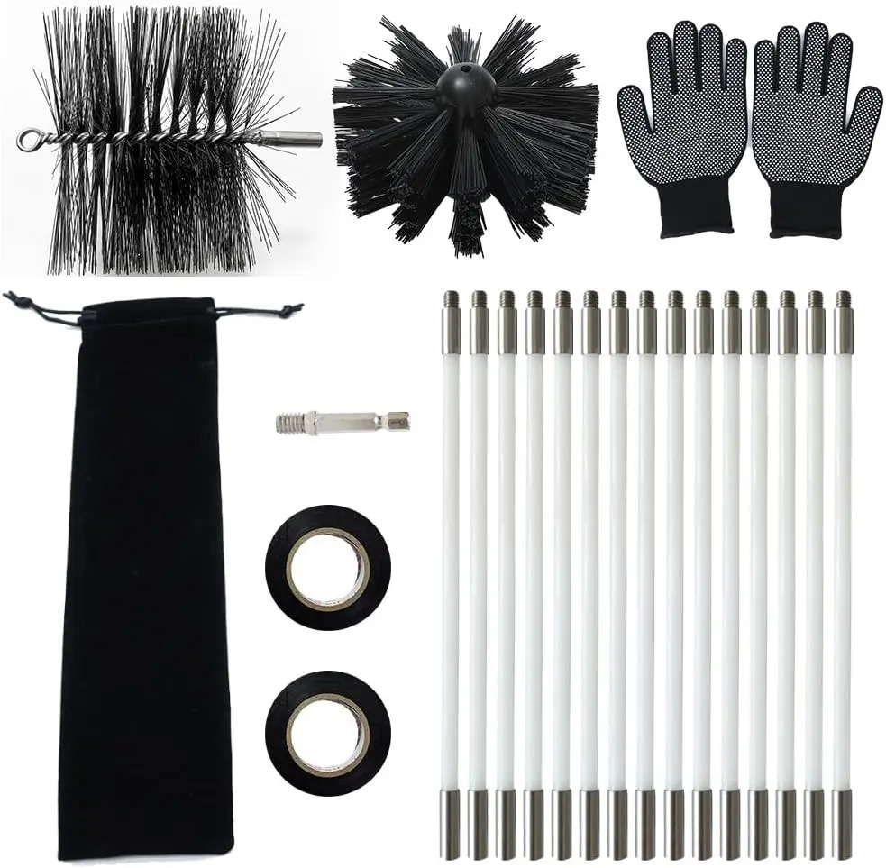 Wire Chimney Cleaning Brush with 5/16" Fitting and 15 Rods, 6 Inch Round Steel Chimney Cleaning Brush, 6 Inch Nylon Brush,16 Inch Long Rods for Fireplace Duct Or Other Streight Duct