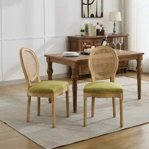 Rattan Dining Chairs Set of 2 with Curved Back, Upholstered Kitchen Chair for Living Room Restaurant, French Country Dining Chairs with Wood Legs, Woven Design (Rattan, Olive Green)