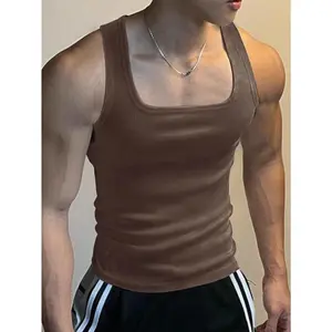 Men's solid color square-neck ribbed casual versatile tank top, men's clothing, brown socks, beige hem, stretch fabric, plain color