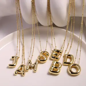 Simple Exquisite Bubble Letter Necklace 14K Gold Plated Copper Balloon Initial Pendant Gift for Girls Ladies Elegant Stylish Jewelry Set