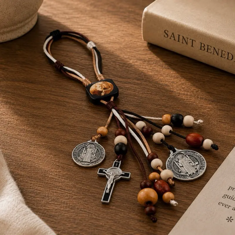 Catholic Religious Gift Set - St. Benedict Medal, Scapular, Wooden Bead Rosary, Door-Hanging Crucifix for Car, Home Supplies, Decor, Ornaments, Room Decor