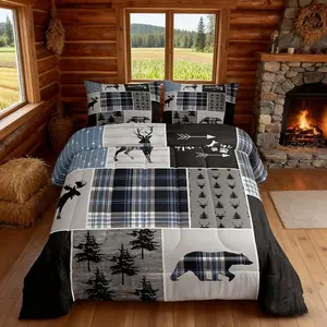 Rustic Adventure Kids Comforter Set,Deer Bear Pine Trees Xmas Bedding Set for Boys Girls Adults Room Decor,Plaids Arrows Wooden Patchwork Down Comforter,Blue Duvet Insert