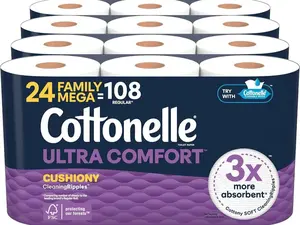 Cottonelle Ultra Comfort Toilet Paper - Strong Bath Tissue, with Cushiony Cleaning Ripples Texture, 24 Family Mega Rolls (24 Family Mega Rolls = 108 Regular Rolls) (4 Packs of 6), 296 Sheets per Roll.