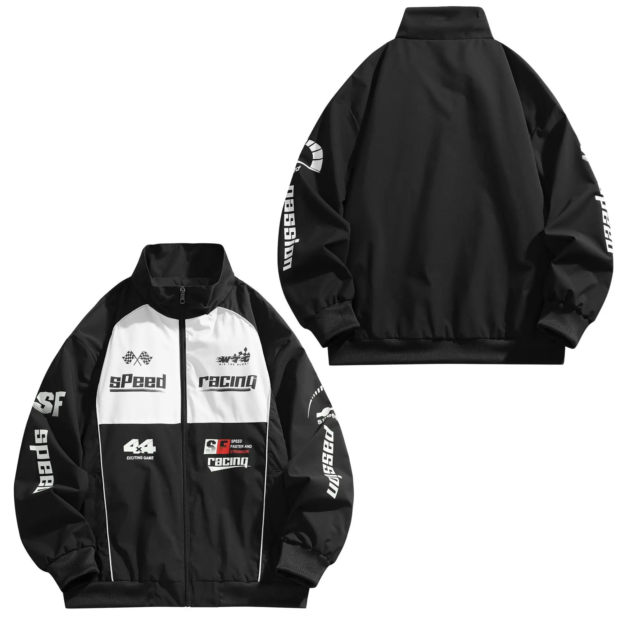 Men’s color-block patchwork jacket with racing print and stand collar; “Speed Racing” flag graphic with all-over number prints; sleeves with letter prints; loose fit with ribbed cuffs; street motorcycle windbreaker.