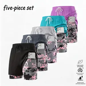 5-piece set of women’s casual athletic shorts with built-in lining, drawstring, elastic waistband; suitable for outdoor sports, fitness, running, and casual wear; women’s shorts, athletic shorts, womenswear