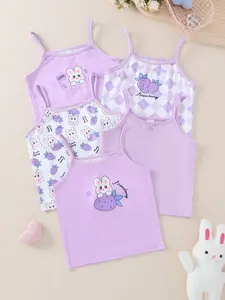Summer Girls 5-Pack Cami Tops with Cute Bunny Strawberry Prints, Bow Decorative Layering Tanks, Fitted Tank for a Sweet Fresh Look