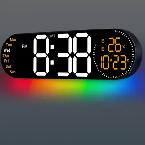 17.2 Inch Large Digital Wall Clock with 9 Color Changing Remote Control, Date Week Temperature, Auto Brightness Dimmer Clock Night Lights,Orange
