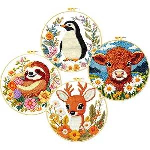 4-Piece Animal Cross Stitch Kit for Beginners - Complete Set with Pre-Printed 11CT 24x24cm Fabric, Hoop & Tools (Penguin, Sloth, Cow, Deer Designs)