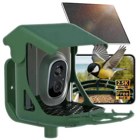CINMOORE ABS Solar Powered Bird Feeder Camera, 2.5K HD Live Feed View, 2.4GHz WiFi Backyard Birdhouse, 3.65V Solar Panel, AI Bird ID, Motion Alert Notify, Weather Resistant, Phone App Monitoring, 90-Day Free Cloud Storage, Gift for Enthusiasts