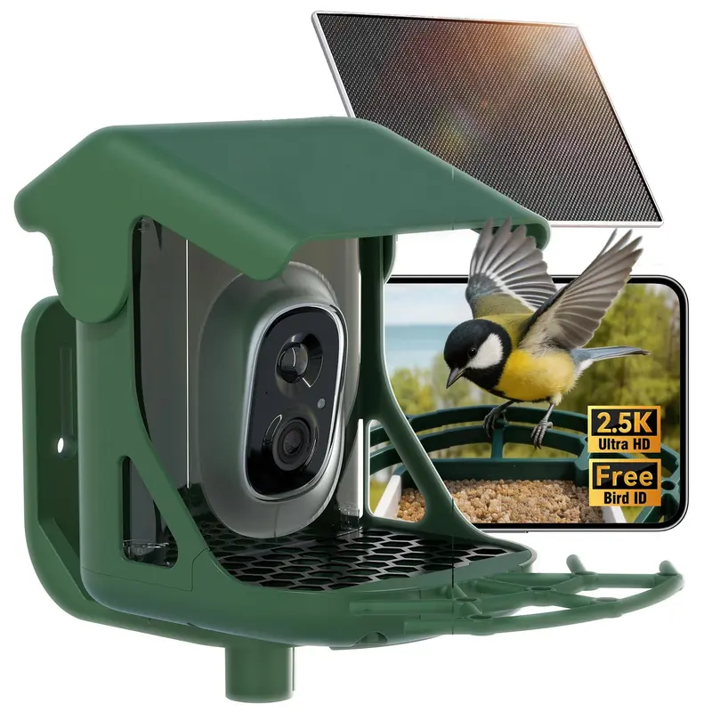 CINMOORE ABS Solar Powered Bird Feeder Camera, 2.5K HD Live Feed View, 2.4GHz WiFi Backyard Birdhouse, 3.65V Solar Panel, AI Bird ID, Motion Alert Notify, Weather Resistant, Phone App Monitoring, 90-Day Free Cloud Storage, Gift for Enthusiasts