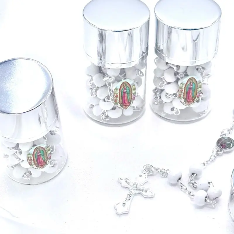 Glass Bottle Rosary with Silver Top - Non-Personalized Baptism Ceremony Party Favor for Bautizo Quinceañera