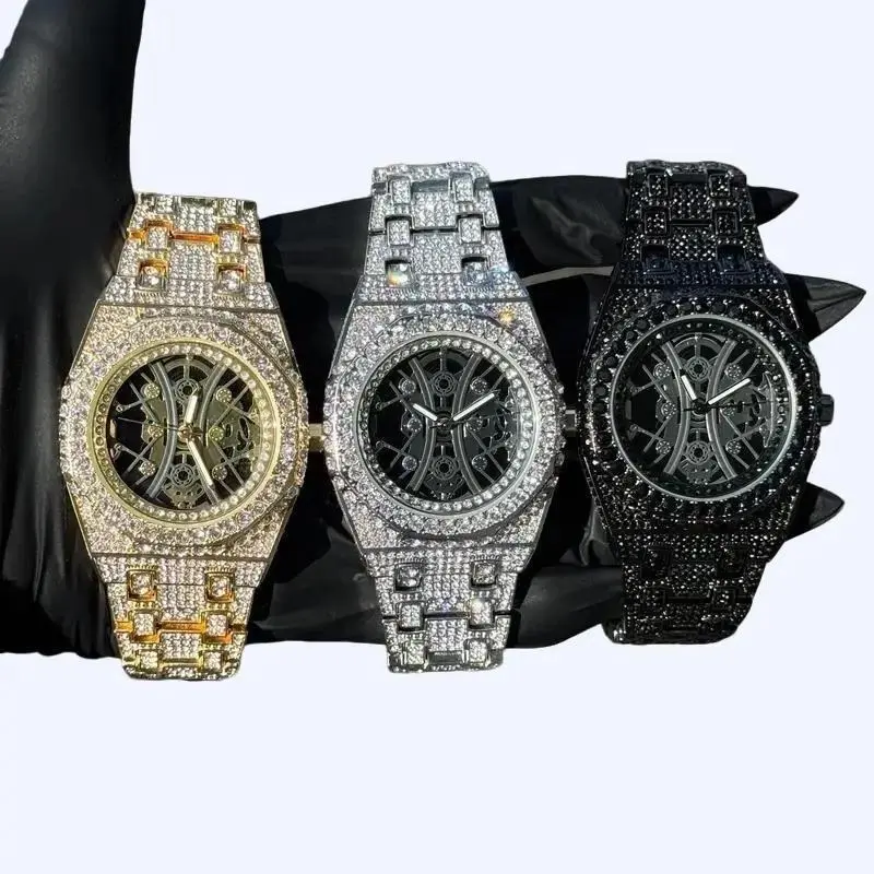 MaxBling81 Men's Luxury Hip Hop Iced Out Casual Watch - 44mm Round Analog Quartz Watch with Silver-Plated Metal Full Stone Band, Foldover Clasp, Waterproof, Removable Links, Batteries Included