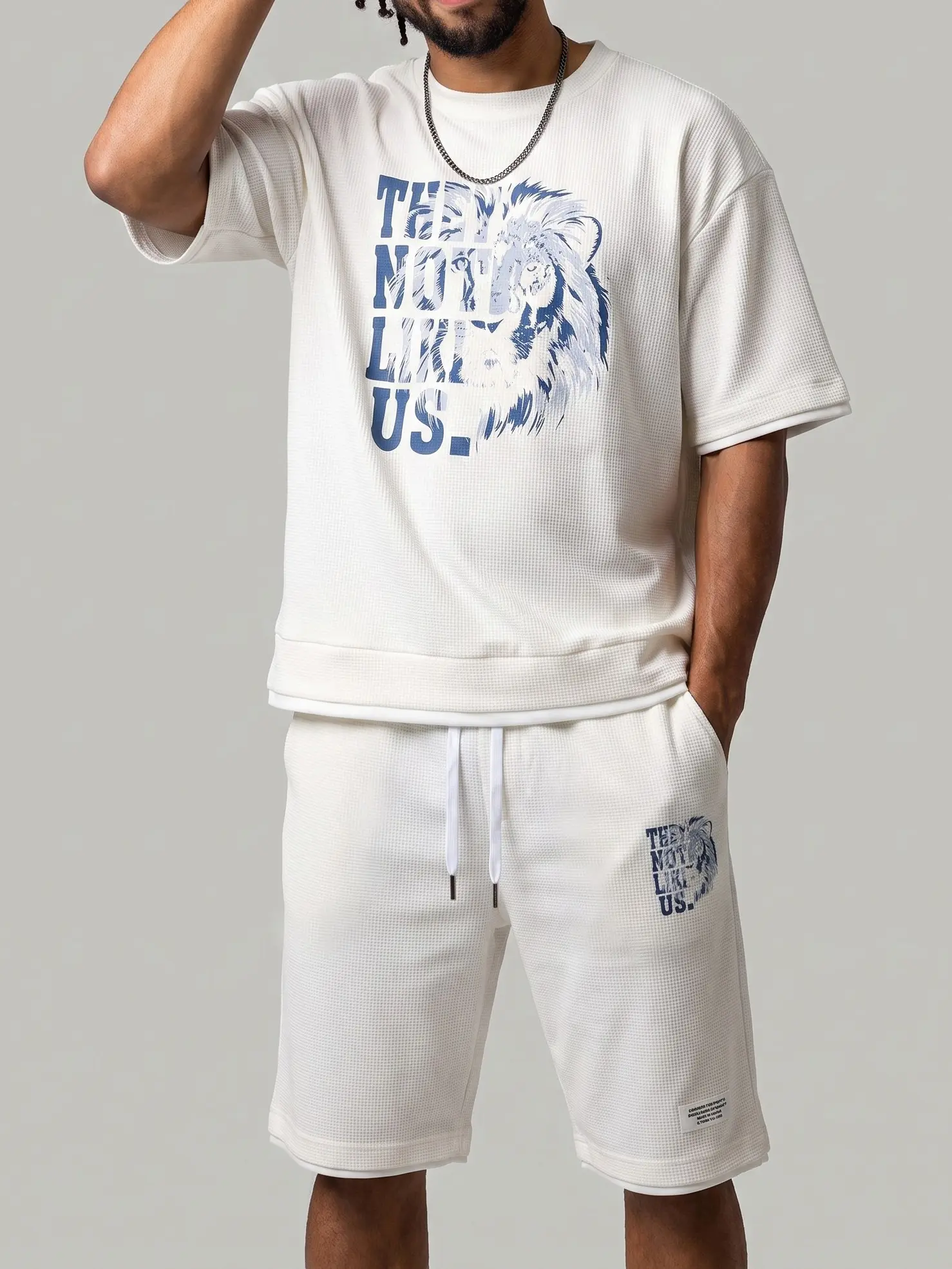 KZZ Men's 2-Piece Lion Graphic Waffle Knit Outfit - Short Sleeve "They Not Like Us" Print Tee & Elastic Waist Shorts, Summer Loose Streetwear Tracksuit