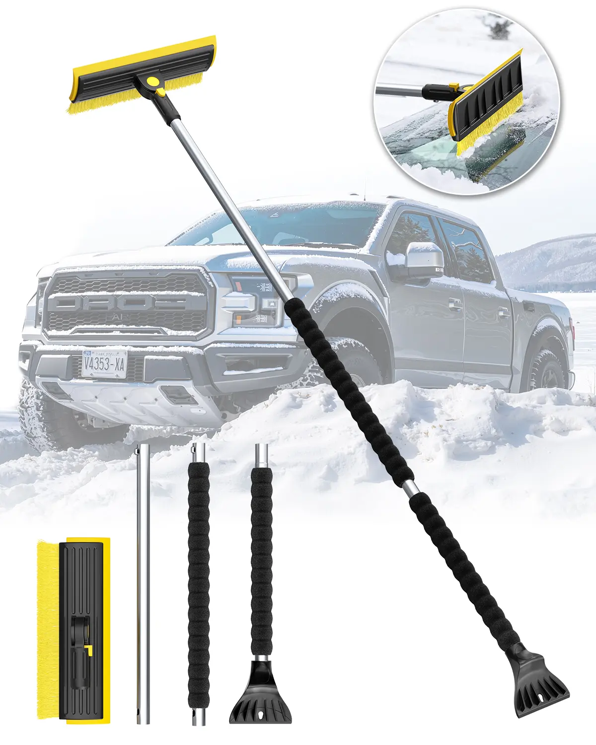 51.9" Car Cleaning Snow Brush & Ice Scrapers Set, 180° Degree Rotatable & Extendable Car Snow Removal Tool Set, Universal Car Cleaning Winter Snow Removal Tool for Car, Truck & SUV and Home Clean (Yellow)