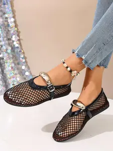 Women's Mesh Sandals, One-Strap Buckle, Chain Decoration, Ultra Comfortable Breathable Flat Shoes, Low Heel Lightweight Casual Summer Shoes