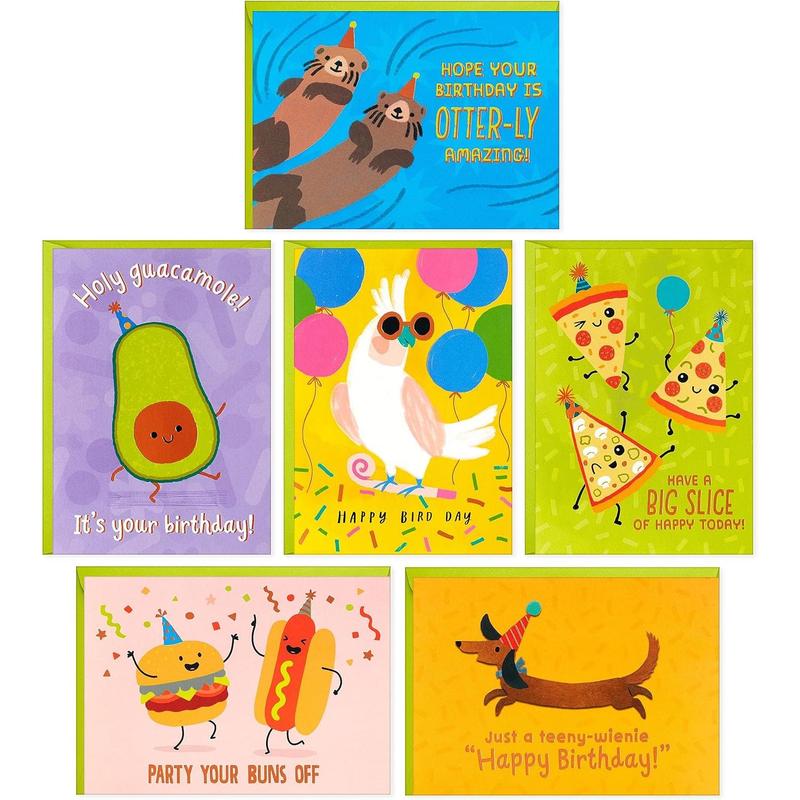 Funny Birthday Card Assortment (24 Blank Cards with Envelopes) Food Puns, Dog, Bird, Otters