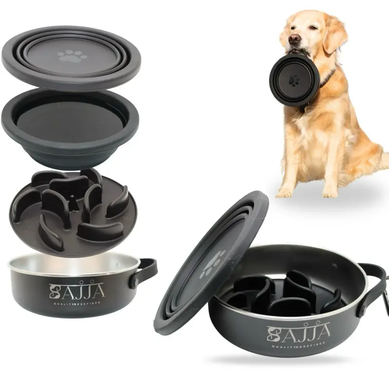 Sajja collapsible travel bowl set with lid, stainless steel bowl 30oz with handle and silicone collapsible lid which can turn in a water bowl 20oz, compatible dog bowl for traveling, hiking, comping and can use as regular bowl