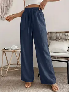 Women’s solid-color wide-leg pants, lightweight for summer, elastic drawstring, drapey fabric, slimming casual straight-leg long pants
