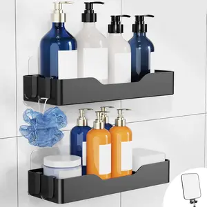 Adhesive Shower Caddy, 2 Pack Bathroom Shelves for Inside Shower, Rustproof No Drilling Shower Organizer with 4 Hooks and Anti-Fog Mirror, Black