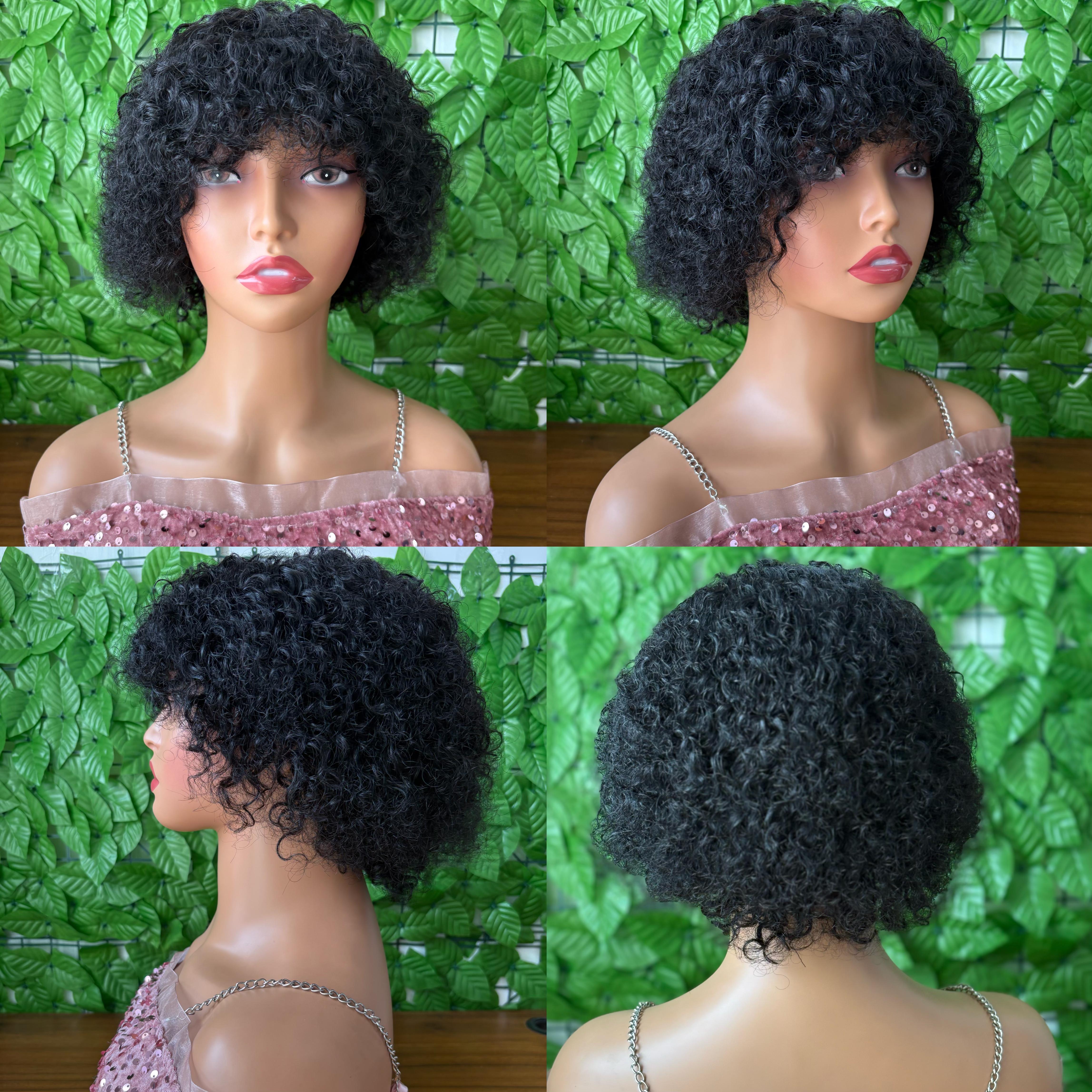 Glueless Wigs Short Curly Bob Wig with Bangs Wear To Go Short Curly Human Hair Wig for Women 180 Density Brazilian Virgin Human Hair Glueless No Lace Machine Made Wigs
