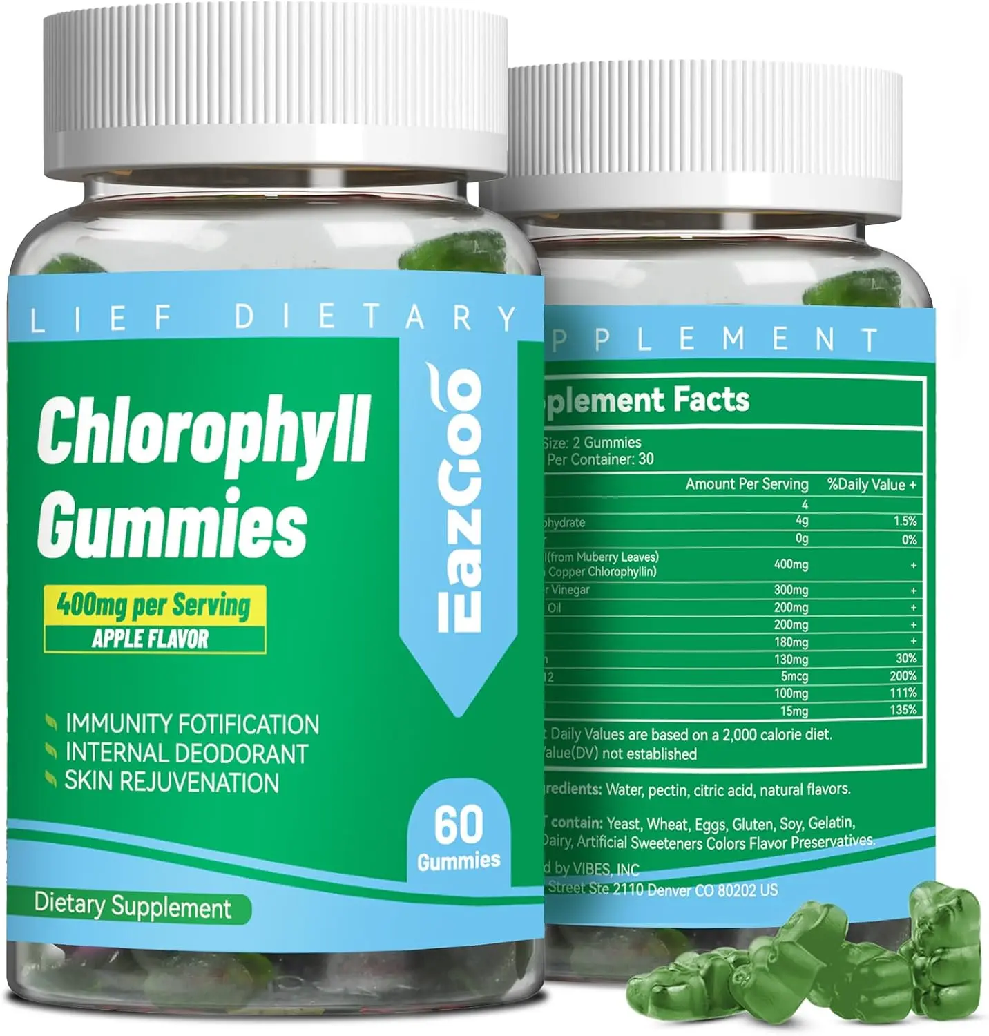 Sugar Free Chlorophyll Gummies with Vitamin B12 and Zinc Natural Body Deodorant Supports Healthy Skin and Body Detox Immune and Digestion Support Chewable Chlorophyll Supplement for Women 60 Count Daily Vitality Wellness Formula