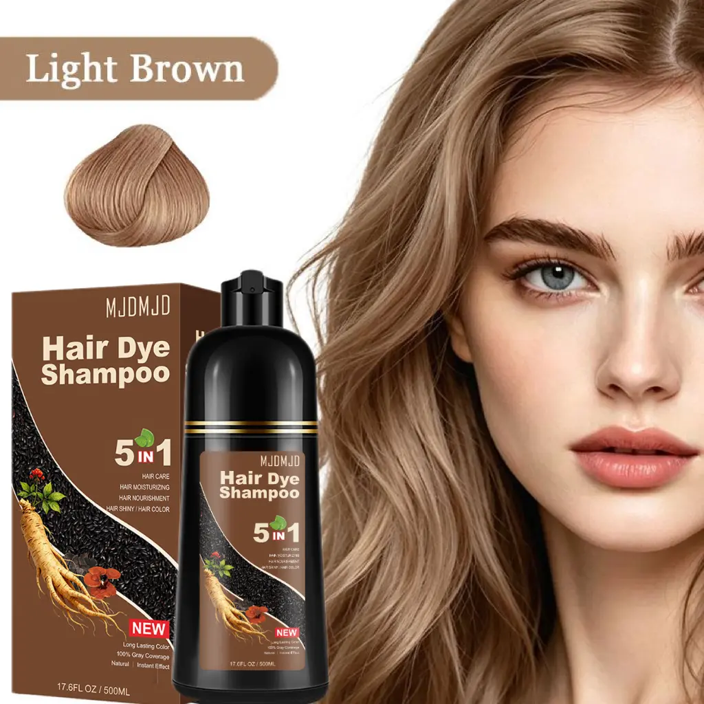 Light Brown 5-in-1 Hair Dye Shampoo, Instant & Long-Lasting Color for Gray Coverage, Herbal Ingredients, Ammonia-Free, for Men & Women, 500ml