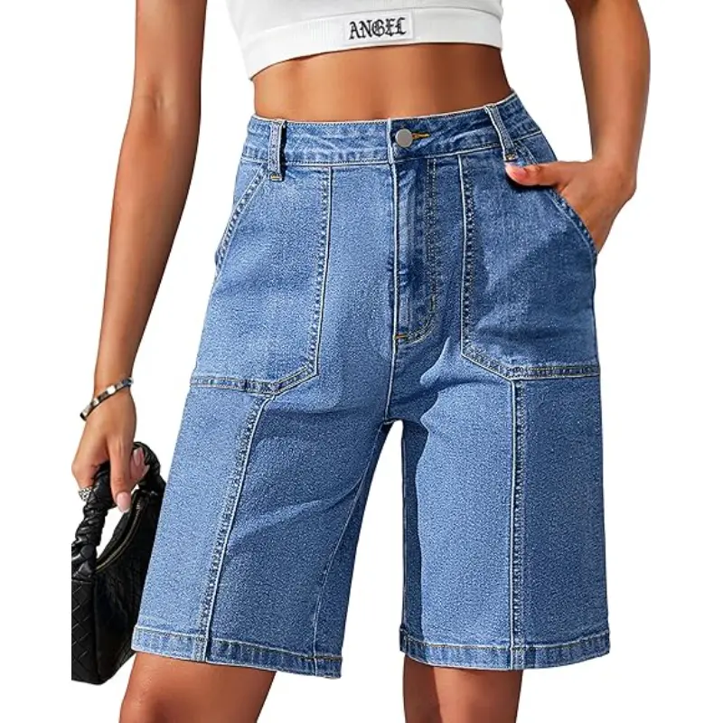 Eddoyee Bermuda Shorts for Women Long Knee Length Jean Shorts Denim Stretchy Cotton Jorts with Pockets Casual Relaxed Fit