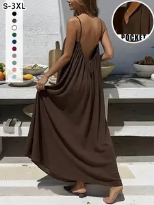 New Women's Backless Loose Fit Home Dress, Sleeveless Long Vestidos De Dormir, Womenswear, Multiple Colors & Sizes Available
