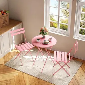 Bistro Table and Chairs Set, 2/3 Outdoor or Indoor Piece Bistro Sets with 2 Foldable Chairs and Premium Frame Foldable Coffee Table, for Garden, Yard and Balcony, Pink