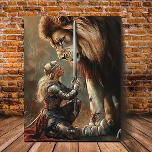1pc Wooden Framed Canvas Painting Warrior Queen and Lion Guard Art Prints Wall For Bedroom Living Room Home Decor Fantasy Guts and Lions Canvas Print Poster Picture With Framed Ready to Hang Gift