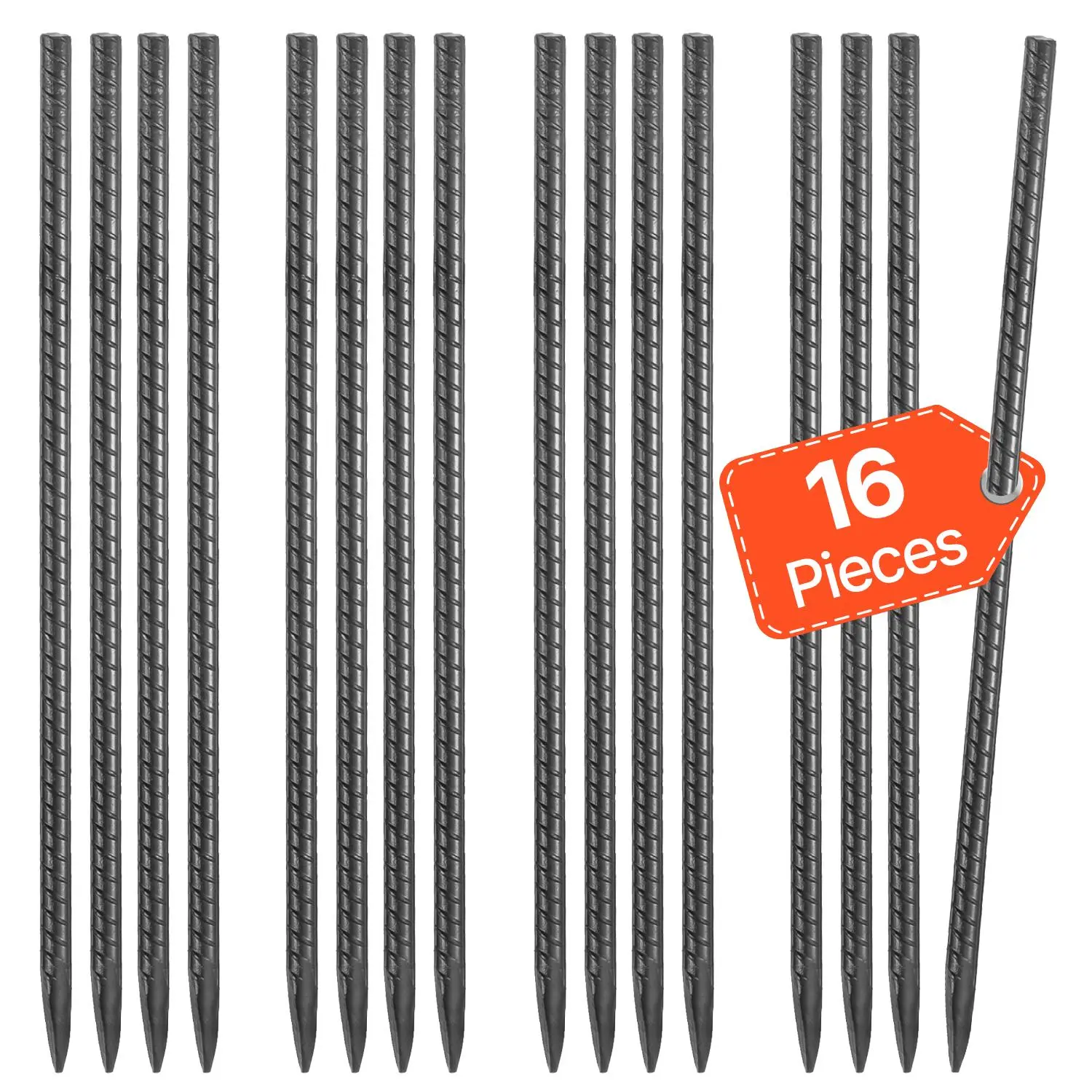 VEVOR 16-Inch Rebar Ground Anchors (16 Stakes), 0.45-In Diameter Heavy-Duty Galvanized Steel, Chisel Point End, Black Electrophoretic Coating, Extended Reinforced Design, Ideal for Camping Tents, Soccer Goals, Swings#BacktoSchool