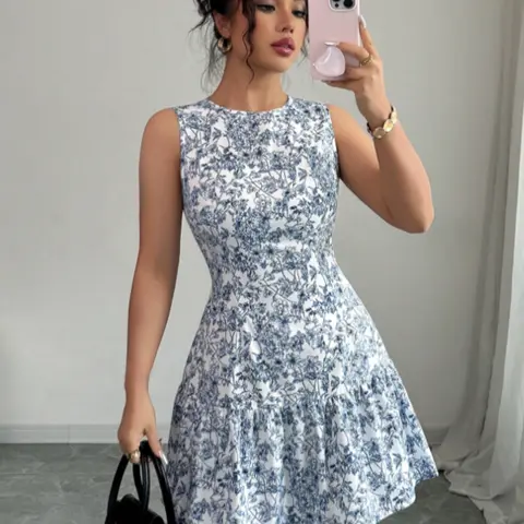 Elegant Floral Flower Print Sleeveless Cinched Waist Mini Dress For Women, Chic French Style Woven Graduation Summer Outfit, Boho Summer Dresses, Spring/Summer, Womenswear